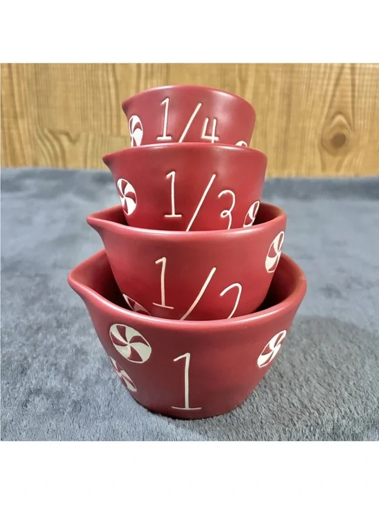 Set Of 4 RAE DUNN Peppermint Candy Measuring Cups Christmas Matte Red MCs NEW