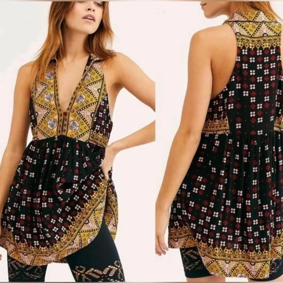 Free People Top Charlotte Black Yellow Boho Size XS