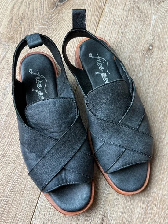 Free People Black Leather Crisscross Slingback Sandals Size 38