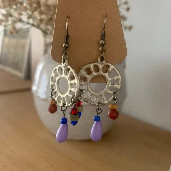 Abstract‎ Silver color Geometric Boho Earrings | Multi-Color Beaded Dangle