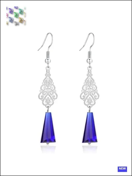 Silver Dangle Earrings Drop Earrings Boho Teardrop Turquoise Crystal Tassels