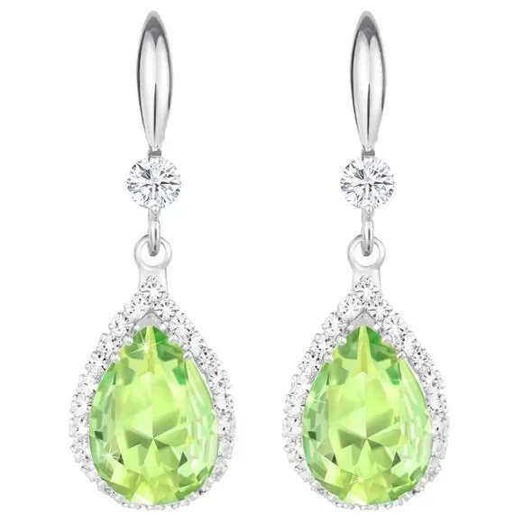 14K White Gold with Peridot Green Cubic Zirconia Teardrop Hook Dangle Earrings
