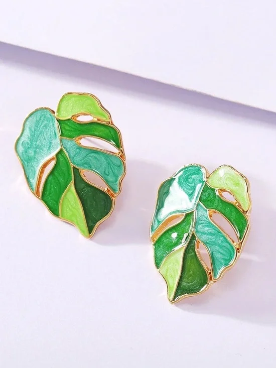 ***NEW Trendy Green Leaf Enamel Statement Earrings