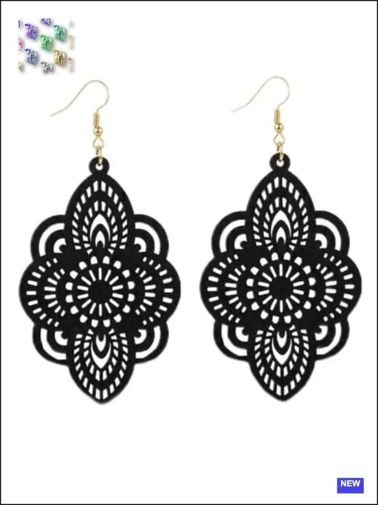 Bohemian Wooden Geometric Dangle Drop Earrings Filigree Pattern