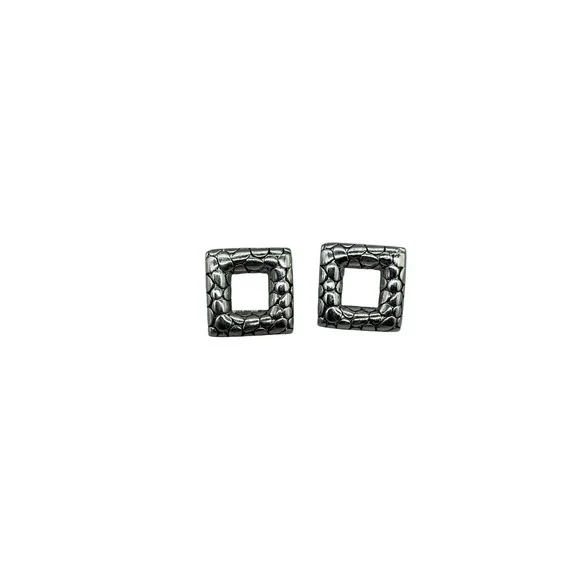 Silver Tone Textured Pebble Square Stud Earrings Open‎ Geometric Post Backs
