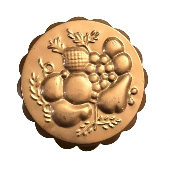 Vintage 8.5in Copper Fruit Embossed Scalloped Jello Mold Farmhouse