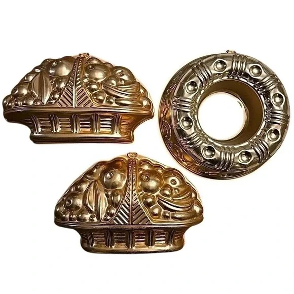 Copper Tone Aluminum Jello Cake Molds Fruit Basket Ring Set 3pc