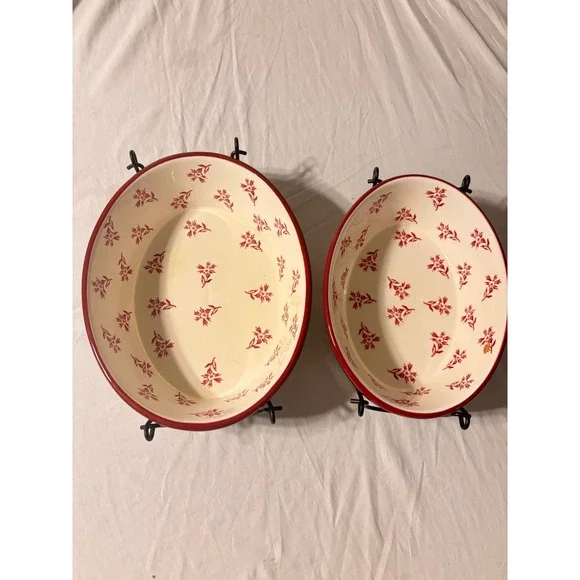 Temp-tations Floral Lace Oval Baker Set Red Cream Ceramic 2pc with Wire Racks EX