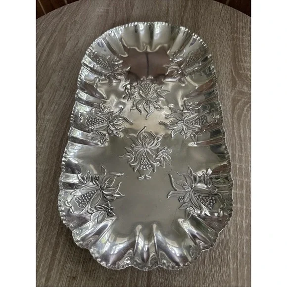 Vintage Hammered And Pressed Aluminum Bread Serving Tray