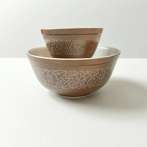 Vintage Pyrex Woodland Mixing Bowls Brown Floral 401 403 Nesting Set 2pc USA