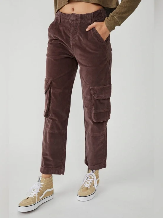 Free People Hard Crushin Plush Cargo Pants Chocolate Merlot Ankle Bottoms Brown
