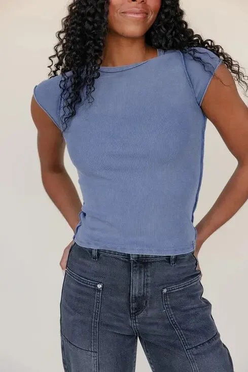 NEW Free People Ever Had Vintage Blue Short Cap Sleeve Ribbed Knit T Shirt Tee S