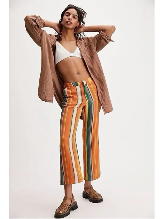 NEW Free People La Paz Organic Cotton Orange Stripe Crop Pants Boho Retro Sz 0