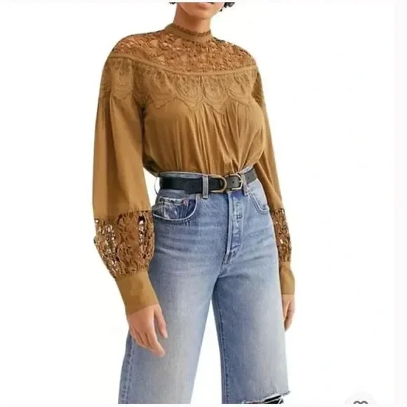 Free People Better For You Crochet Embroidered Victorian Blouse Top Long Sleeve