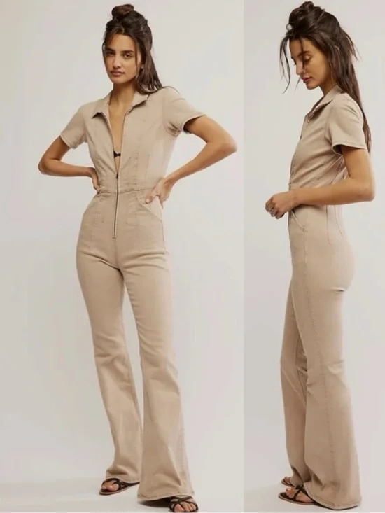 Free People We The Free Jayde Flare Jumpsuit in Blushing Size Large NWT Neutral