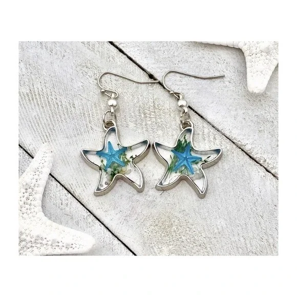 Deep in the Ocean Starfish Earrings‎ Dangle Drop Beach Lover Gift Silver Tone