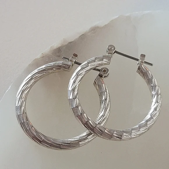 Textured Silver Tone Hoop Earrings Twisted