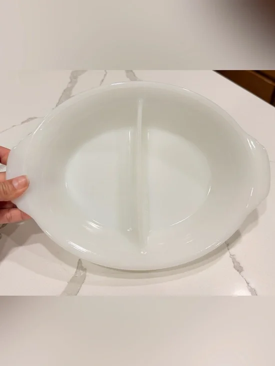 Vintage Fire-King White Milk Glass Divided Oval Baking Dish 499