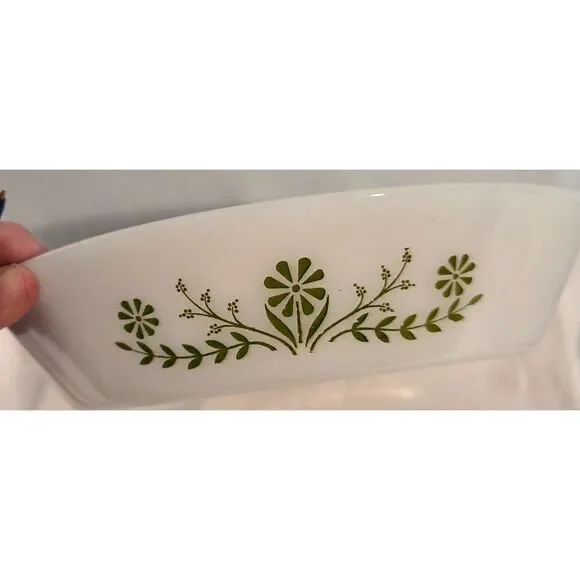 Vintage Glasbake Milk Glass Divided Casserole Dishes Green Floral Set of 2