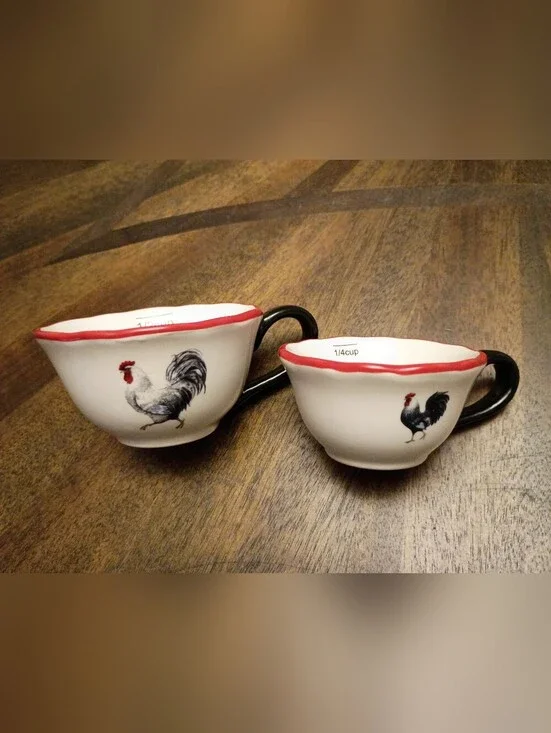 Cracker Barrel Rooster Ceramic Measuring Cup Set Farmhouse Kitchen 1/2 & 1/4 Cup