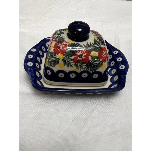 Polish Pottery Unikat Butter Dish Boleslawiec Poland Cottage Farm Country
