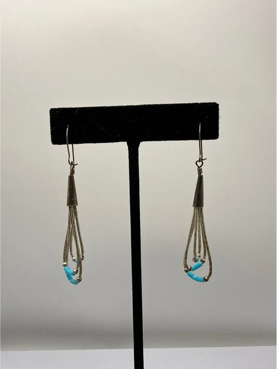 Vintage Sterling Silver Turquoise Liquid Silver Style Dangle Earrings
