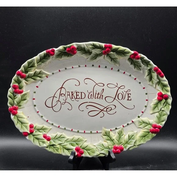 Fitz and Floyd Baked With Love Christmas Cookie Platter Holly Berry Oval Tray