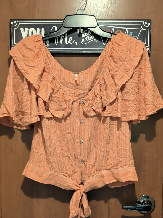 Free People Peach Ruffle Button-Front Tie-Hem Top