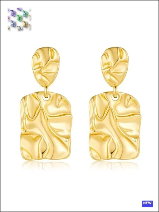 14K Gold Plated Hammered Drop Dangle Earrings for Women, Lightweight Geometric