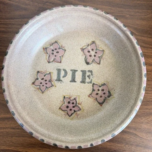 Vintage Studio Pottery Handmade Ceramic Pie Dish Floral Crackle Glaze Signed 9