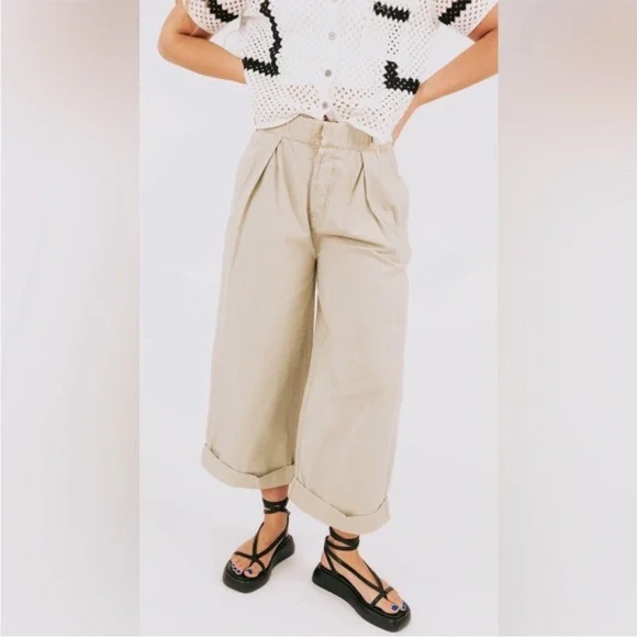 FREE PEOPLE AFTER LOVE CUFF wide leg‎ PANT sz M beige