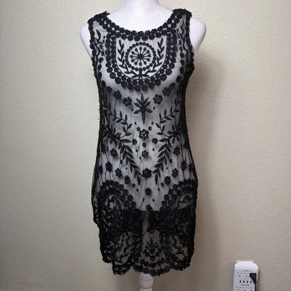 Free People Dress S Black Sheer Floral Overlay Boho Whimsigoth Festival Crochet