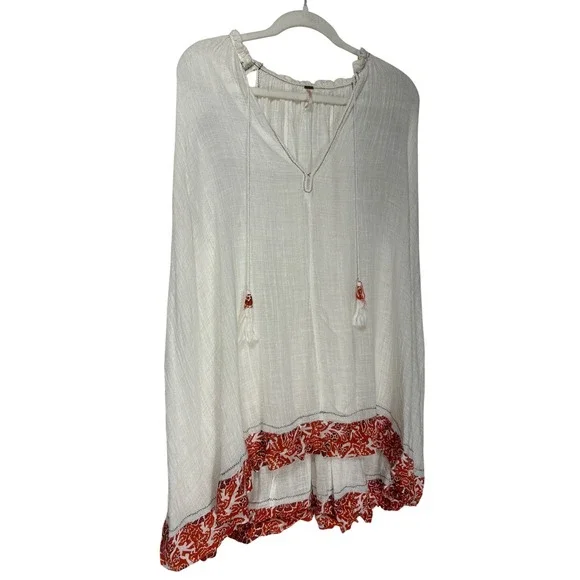 Free People White Gauze‎ Boho Tunic Top Red Floral Border Tassel V-Neck Small