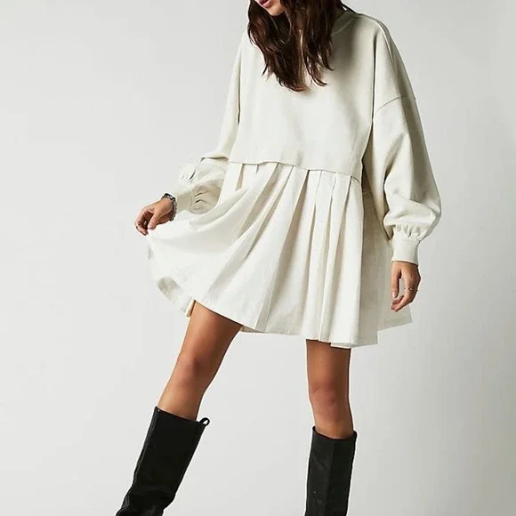 Free People Size Small Eleanor Sweatshirt Tunic Dress Ivory White Boho Lagenlook