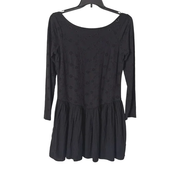 Free People Black Eyelet Long Sleeve Scoop Back Surley Mini Dress Size M