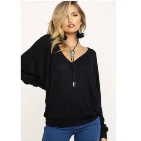 Free People Black Thermal Santa Clara Blouse‎ Top Waffle Relaxed Dolman Size M