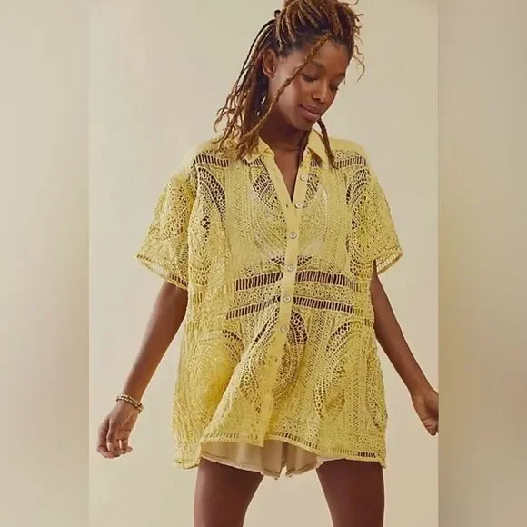 Free People all things sweet crochet button down top XS NWT yellow plum