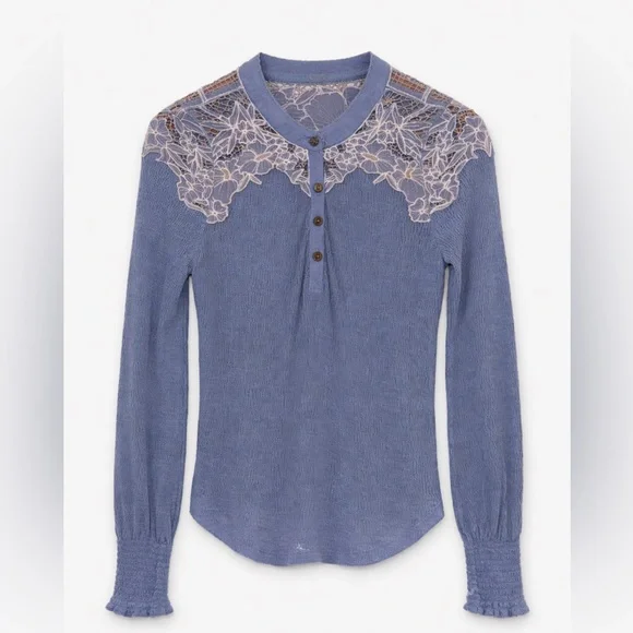 Free People Easy Breezy Lace Yoke Henley Top| Size L