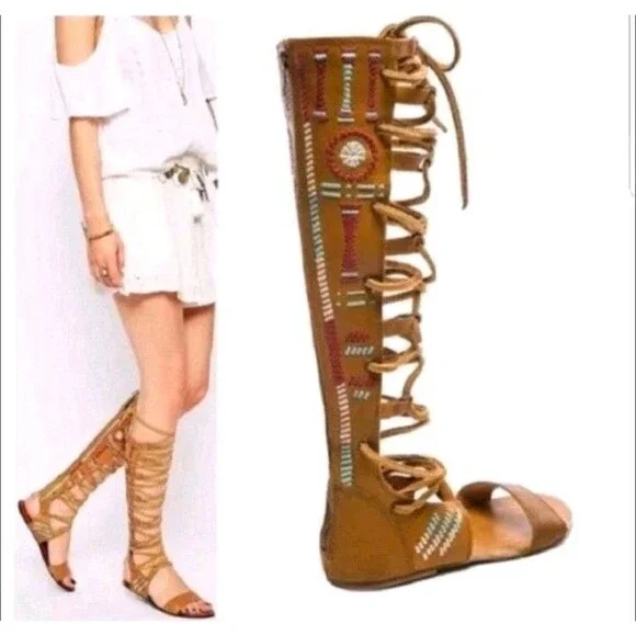 Free People Gladiator Sandal Brown Embroidered Coachella Festival Renaissance 41