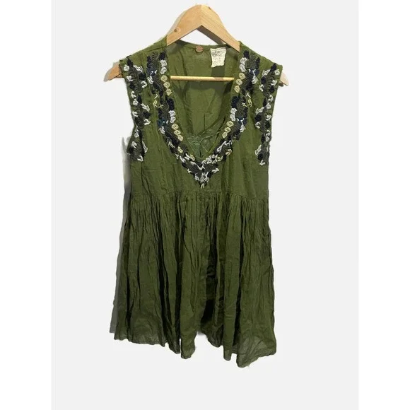 Free People FP One Tunic Dress Women XS Green Embroidered Boho Peplum Sleeveless