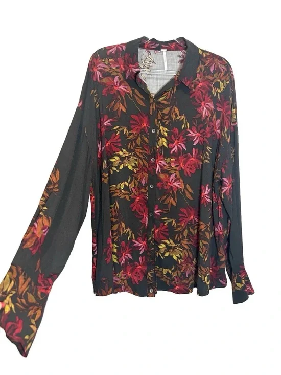 Free People Floral Top Oversized Blouse Sz S Button Down Leaf Print Multi Boho