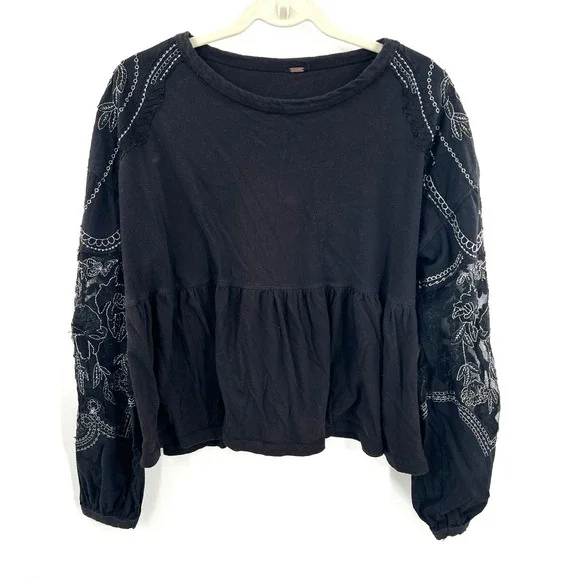 Free People Embroidered Penny Tee black whimsigoth boho‎ whimsical blouse top S