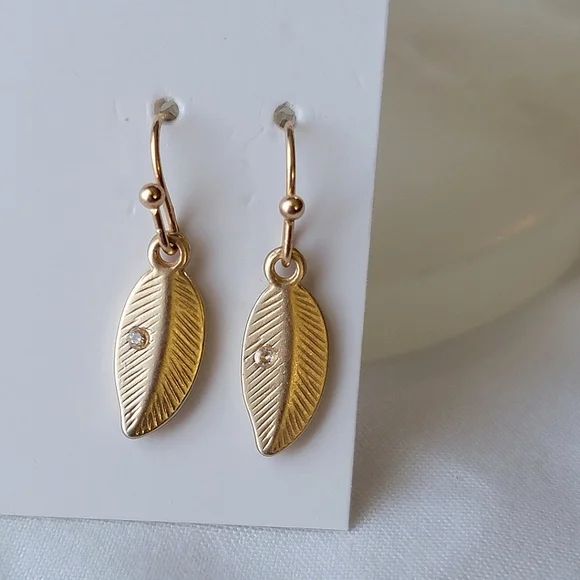 Gold Feather Dangle Earrings Tiny Rhinestone Diamond Detail Brushed Gold Finish