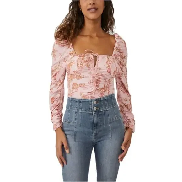 Free People Hilary Print Keyhole Neck Top In Pink Size Small NWOT $98 MSRP