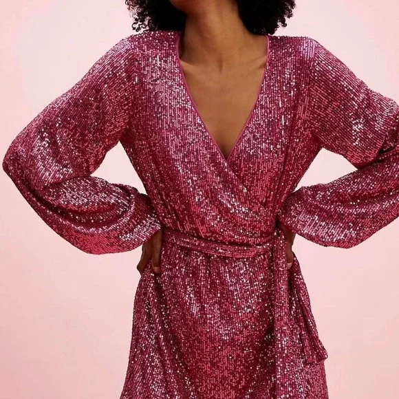 Free People hot pink sequin wrap romper tie waist Sz‎ XS #girlhoodcore