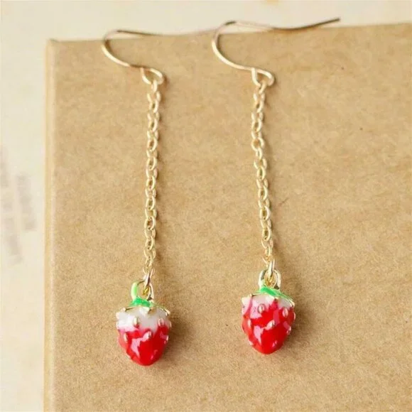 Handmade Enameled Strawberry Charm Dangle Gold Plated Chain Earrings