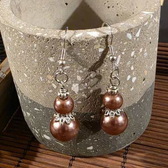 Handcrafted Bronzed Brown Antiqued Silver Glass Pearl Drop Earrings