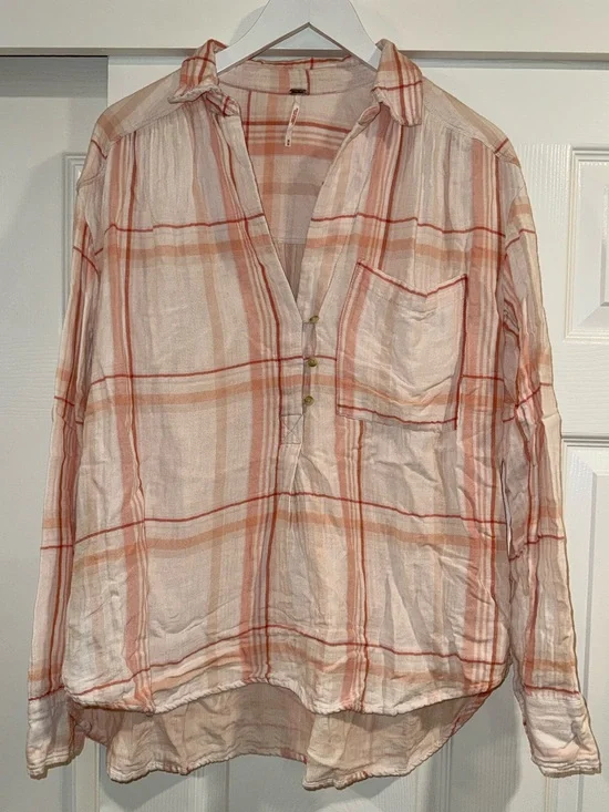 Free People Pink and Peach Plaid Oversized Cotton Gauze Button Shirt