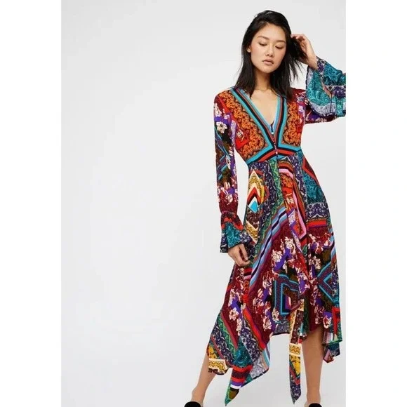 Free People Women Size XS Over‎ The Rainbow Dress Handkerchief Hem Boho Colorful