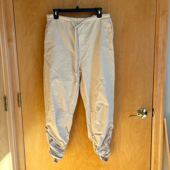 Free People Beige Linen Blend Cargo Jogger Pants Ruched Cuff Drawstring Waist XS